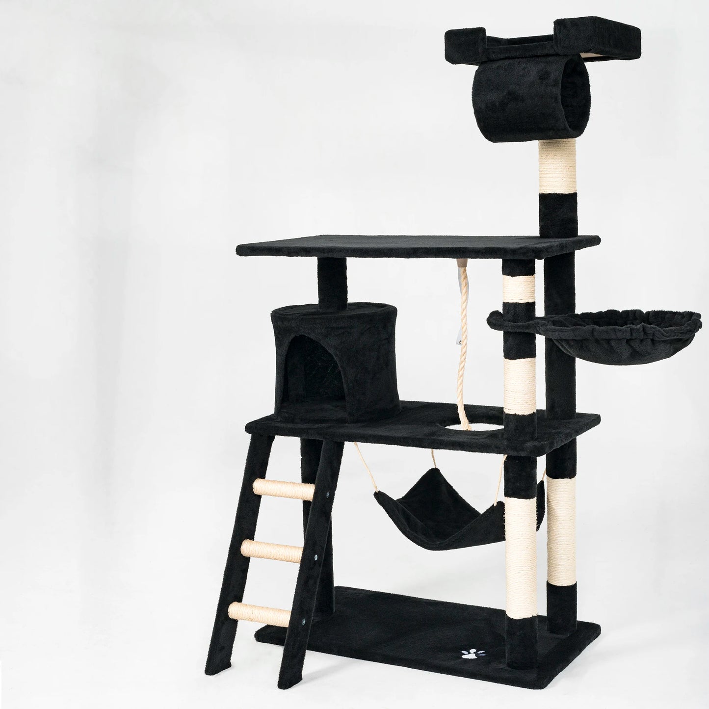 Rascador para gatos PILLI, altura 141 cm, con plataforma y accesorios para jugar y descansar, color beige/negro/gris/burdeos