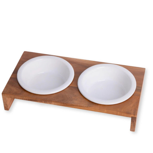 Comedero para gatos PETLINUS doble con cuencos de cerámica, comedero para gatos o perros pequeños, comedero para perros elevados a base de madera y dos cuencos de cerámica, Capacidad: 2x230 ml. -29x15x5 cm (Acacia)