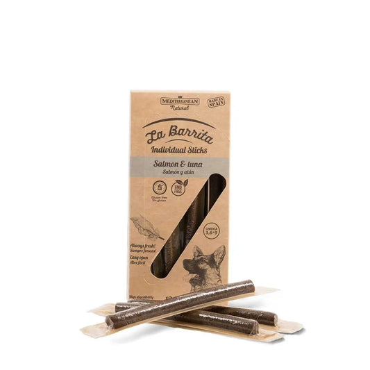 Snacks para perros Barrita de salmón y atún del Mediterráneo de 8 pulgadas Display. 150 grs