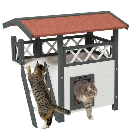 Casa para gatos de madera PawHut 77x50x73 cm con techo de asfalto Escalera blanca