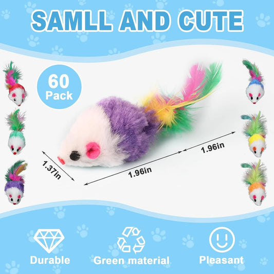 Juego de juguetes peludos surtidos de hierba gatera - Juguetes coloridos para ratones con colas de plumas para gatos y gatitos de interior - 60 piezas de sonajero interactivo P