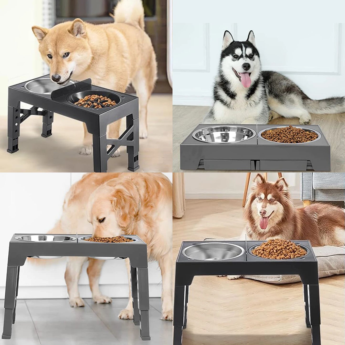 Folding Dog Feeder Dogs Bowls Adjustable Raised Stand With 2x Stainless Steel Food Water Bowls For Small Medium Large Dogs
