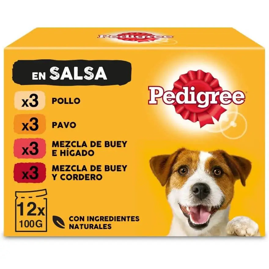 Comida húmeda para perros Pedigree sabores mixtos en salsa, paquete múltiple (paquete de 4 x 12 bolsas x 100 g) + regalo Dentastix para perros pequeños