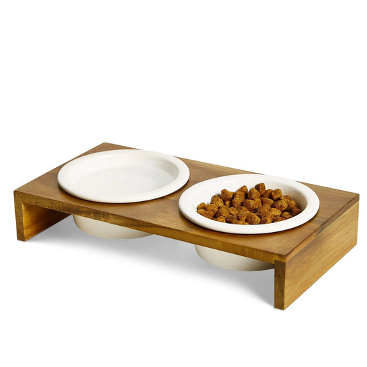 Comedero para gatos PETLINUS doble con cuencos de cerámica, comedero para gatos o perros pequeños, comedero para perros elevados a base de madera y dos cuencos de cerámica, Capacidad: 2x230 ml. -29x15x5 cm (Acacia)