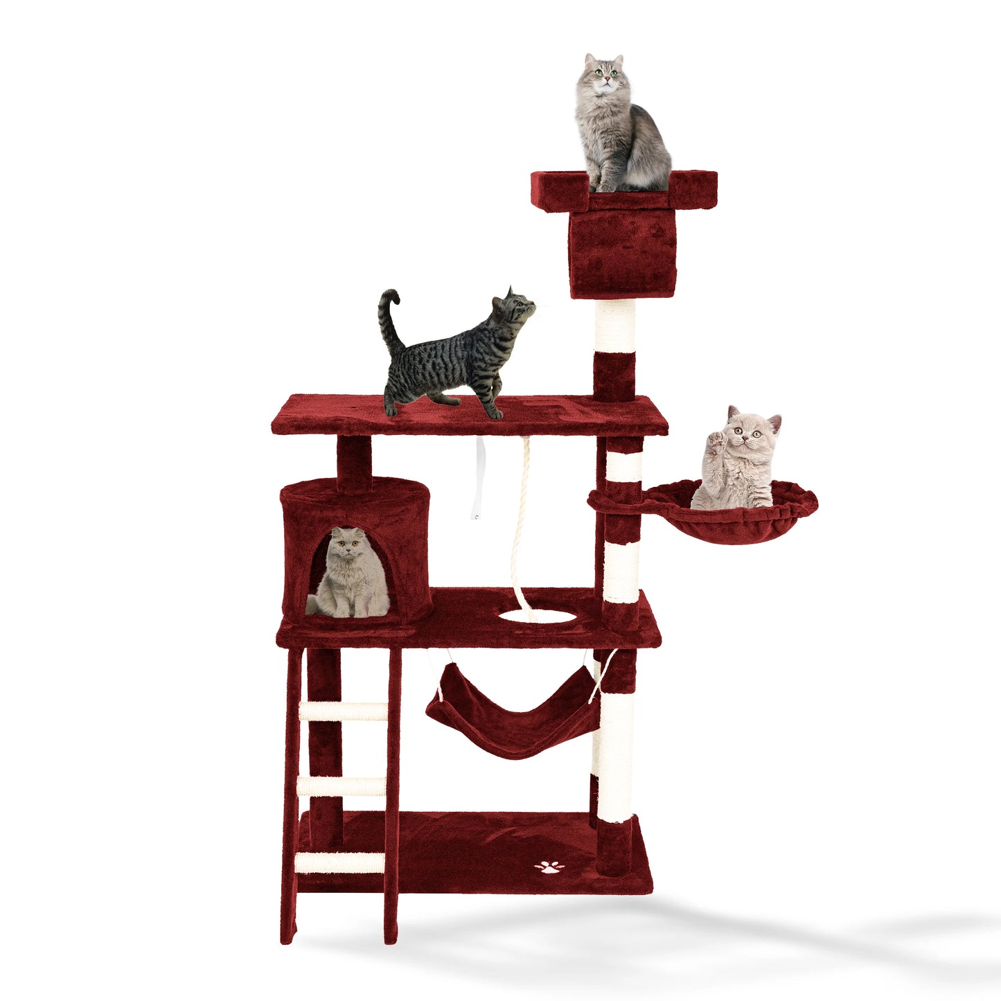 Rascador para gatos PILLI, altura 141 cm, con plataforma y accesorios para jugar y descansar, color beige/negro/gris/burdeos