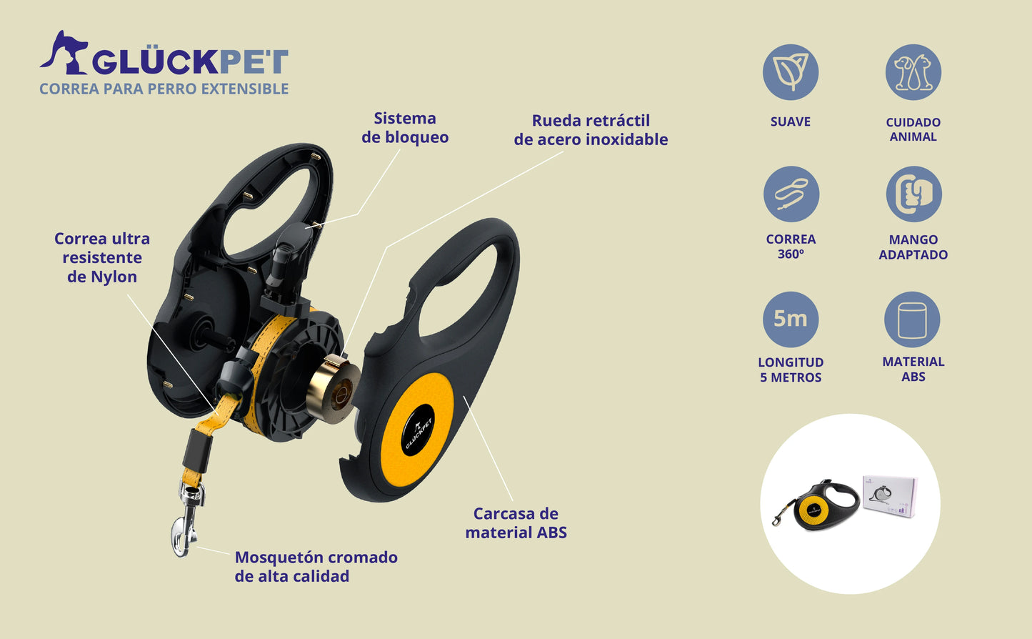 Correa retráctil extensible para perros de 5 metros con botón de pausa y bloqueo