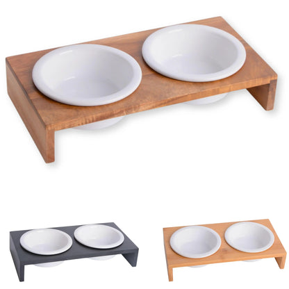 Comedero para gatos PETLINUS doble con cuencos de cerámica, comedero para gatos o perros pequeños, comedero para perros elevados a base de madera y dos cuencos de cerámica, Capacidad: 2x230 ml. -29x15x5 cm (Acacia)