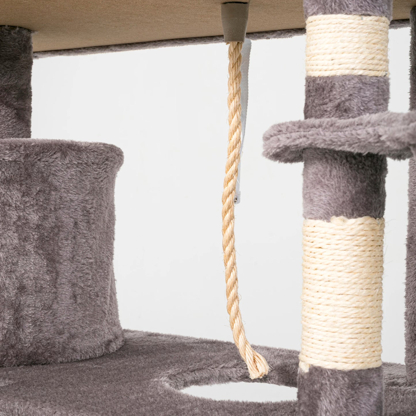 Rascador para gatos PILLI, altura 141 cm, con plataforma y accesorios para jugar y descansar, color beige/negro/gris/burdeos