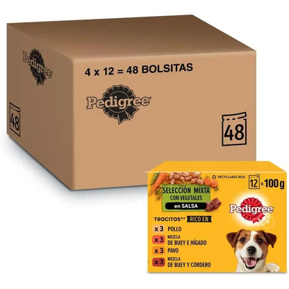 Comida húmeda para perros Pedigree sabores mixtos en salsa, paquete múltiple (paquete de 4 x 12 bolsas x 100 g) + regalo Dentastix para perros pequeños