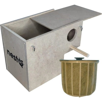 Wood nest for Exoticos nestQ diamonds Gould 20 cm (length) x 13 cm x 13 cm (base) x 16 (height) with Material peeling and goat hair filler holder, mandarins, bib Tricolor isabelite Japan