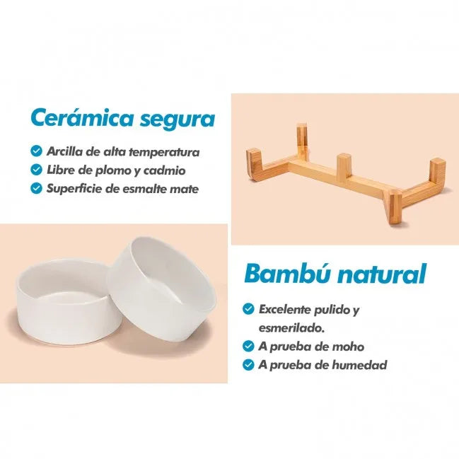 Edipets Comedero Doble Cerámico para Perros con Base de Bambú Logrado