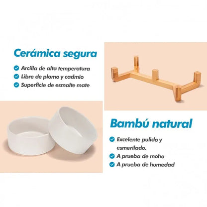 Edipets Comedero Doble Cerámico para Perros con Base de Bambú Logrado