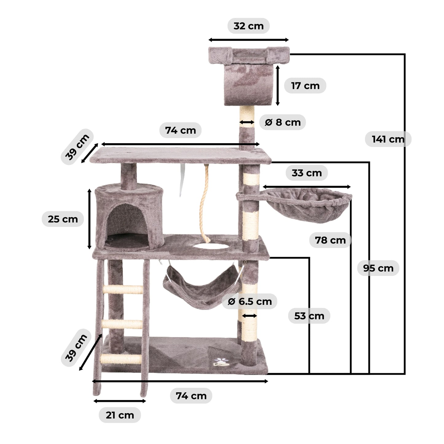 Rascador para gatos PILLI, altura 141 cm, con plataforma y accesorios para jugar y descansar, color beige/negro/gris/burdeos