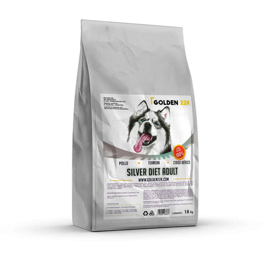 Alimento dietético Golden 22k Silver para perros adultos (18 kg): alto aporte energético y fácil digestión. Nutrición de calidad para perros activos y trabajadores.