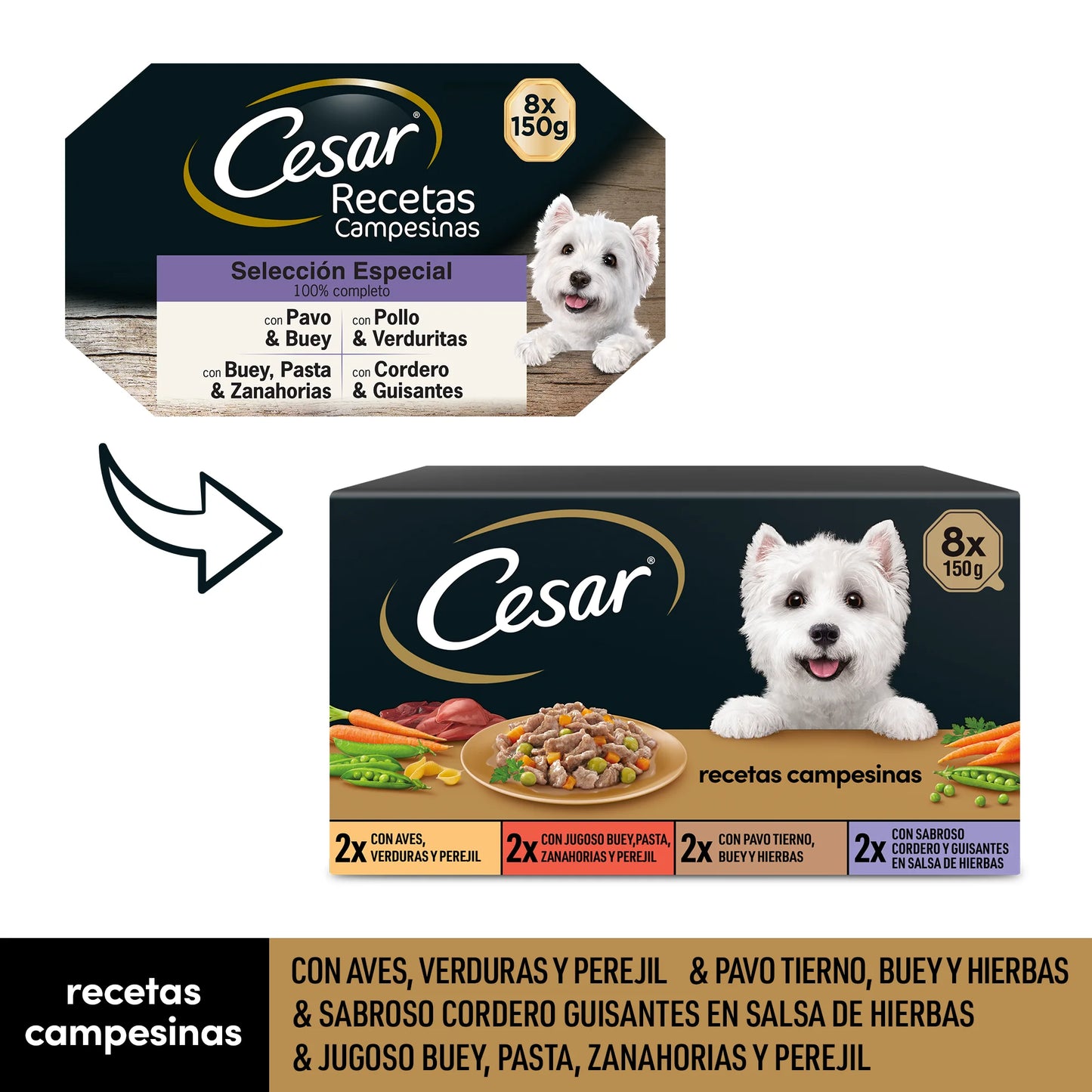 Comida húmeda para perros Cesar, selección de recetas campesinas en salsa, Multipack (Pack de 3x8 tarrinas x 150g)