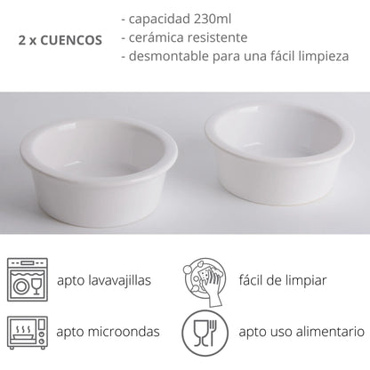 Comedero para gatos PETLINUS doble con cuencos de cerámica, comedero para gatos o perros pequeños, comedero para perros elevados a base de madera y dos cuencos de cerámica, Capacidad: 2x230 ml. -29x15x5 cm (Acacia)