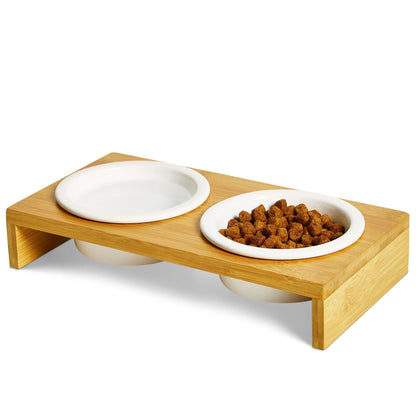 Comedero para gatos PETLINUS doble con cuencos de cerámica, comedero para gatos o perros pequeños, comedero para perros elevados a base de madera y dos cuencos de cerámica, Capacidad: 2x230 ml. -29x15x5 cm (Acacia)