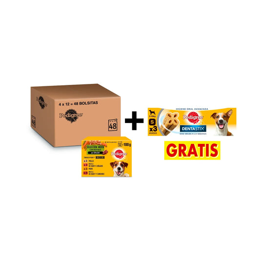 Comida húmeda para perros Pedigree sabores mixtos en salsa, paquete múltiple (paquete de 4 x 12 bolsas x 100 g) + regalo Dentastix para perros pequeños