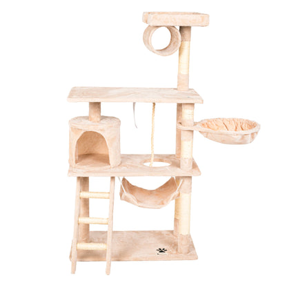 Rascador para gatos PILLI, altura 141 cm, con plataforma y accesorios para jugar y descansar, color beige/negro/gris/burdeos