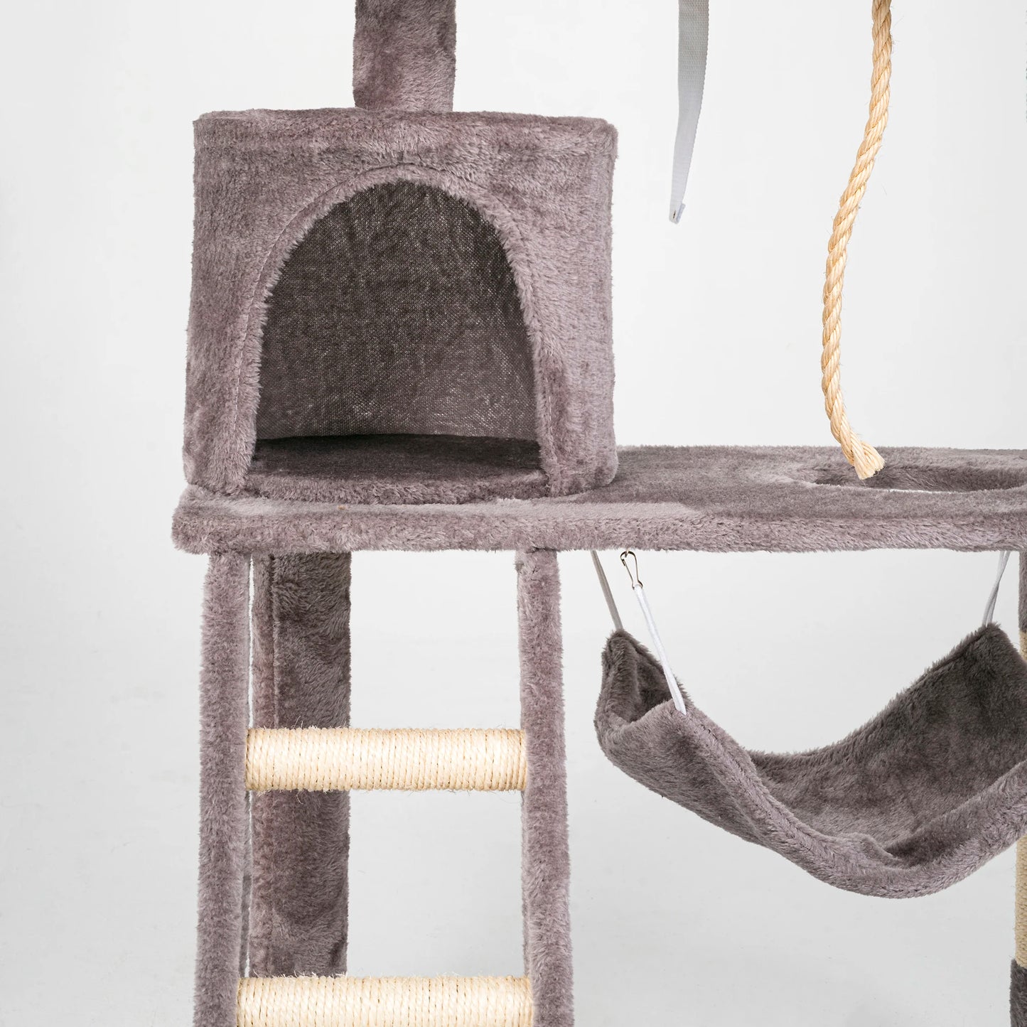 Rascador para gatos PILLI, altura 141 cm, con plataforma y accesorios para jugar y descansar, color beige/negro/gris/burdeos