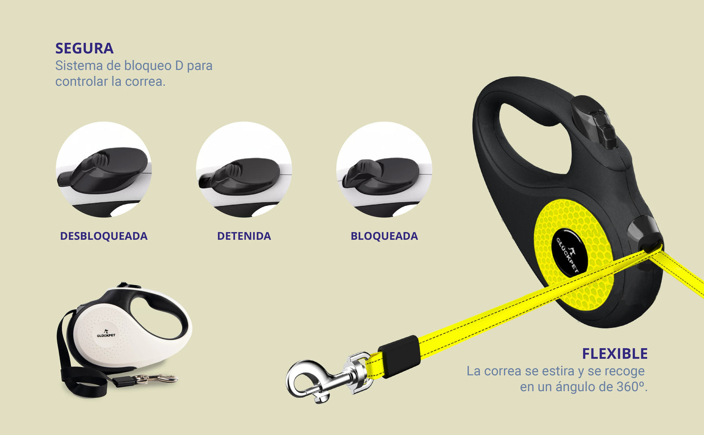 Correa retráctil extensible para perros de 5 metros con botón de pausa y bloqueo