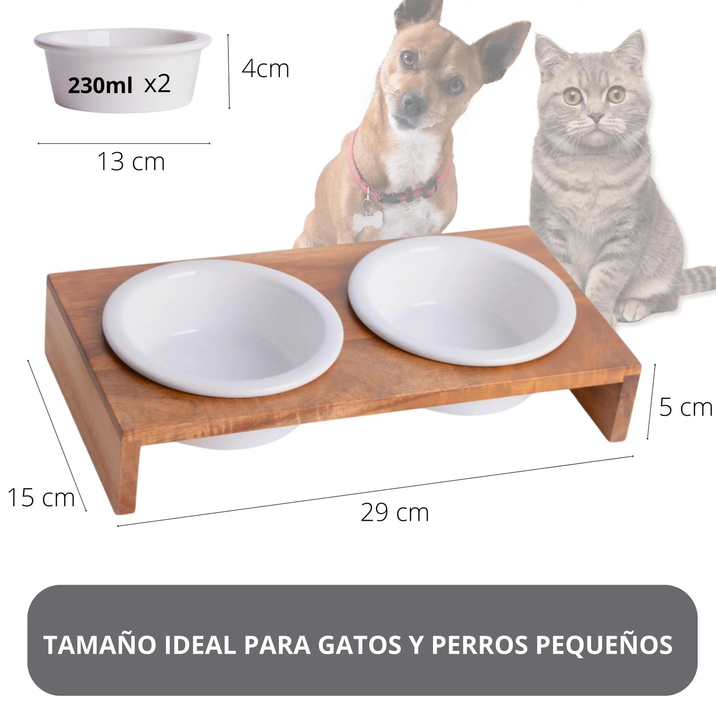 Comedero para gatos PETLINUS doble con cuencos de cerámica, comedero para gatos o perros pequeños, comedero para perros elevados a base de madera y dos cuencos de cerámica, Capacidad: 2x230 ml. -29x15x5 cm (Acacia)
