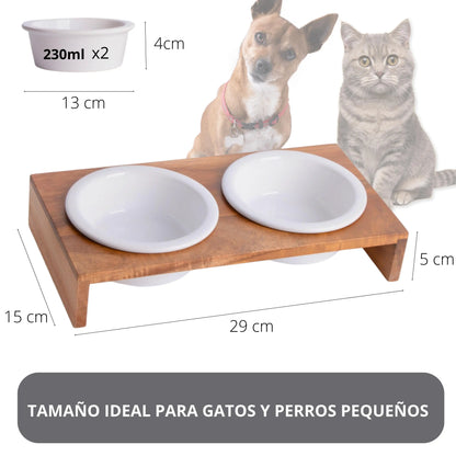 Comedero para gatos PETLINUS doble con cuencos de cerámica, comedero para gatos o perros pequeños, comedero para perros elevados a base de madera y dos cuencos de cerámica, Capacidad: 2x230 ml. -29x15x5 cm (Acacia)