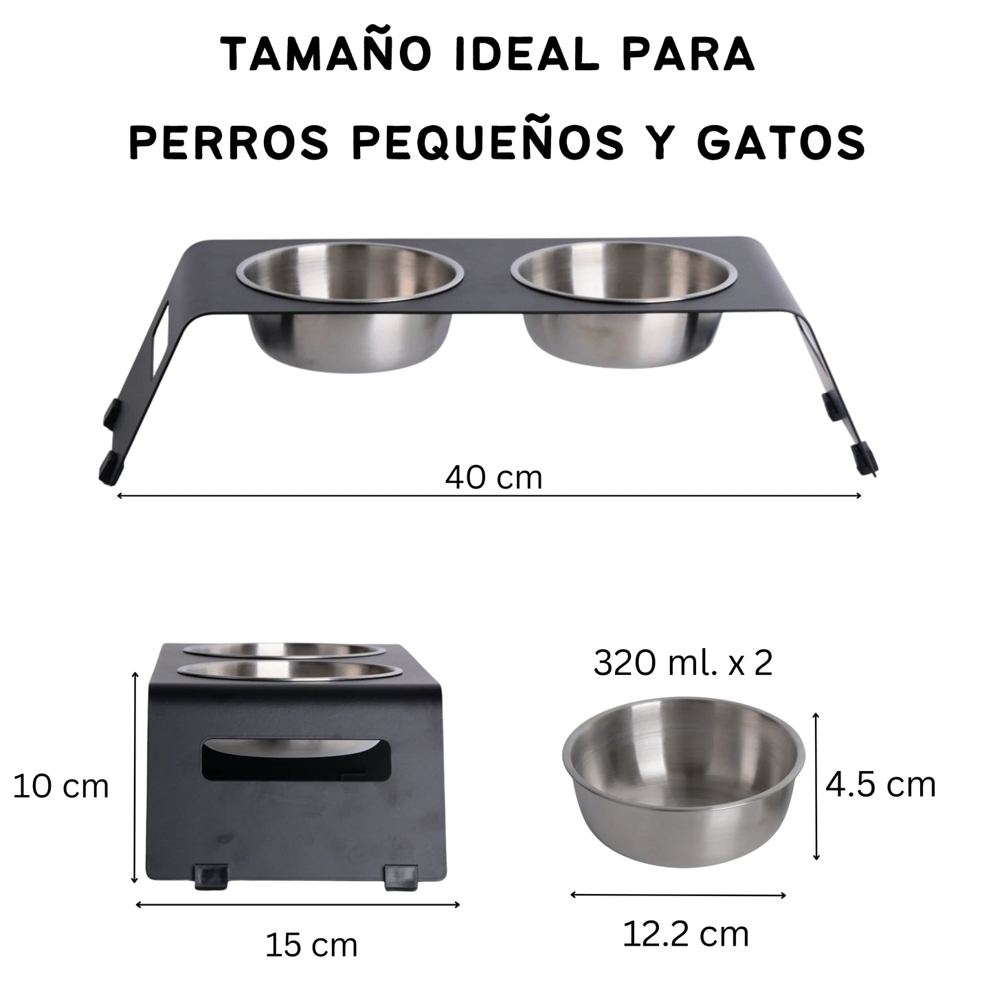 PETLINUS comedero para gatos criado doble gato, perros pequeños, elevado Comedero para perros a base de metal y dos cuencos de acero inoxidable, Capacidad: 2x320 ml.