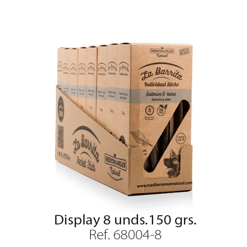 Snacks para perros Barrita de salmón y atún del Mediterráneo de 8 pulgadas Display. 150 grs