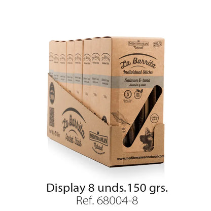 Snacks para perros Barrita de salmón y atún del Mediterráneo de 8 pulgadas Display. 150 grs