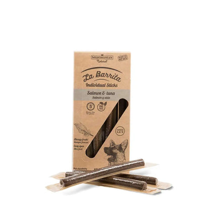 Snacks para perros Barrita de salmón y atún del Mediterráneo de 8 pulgadas Display. 150 grs