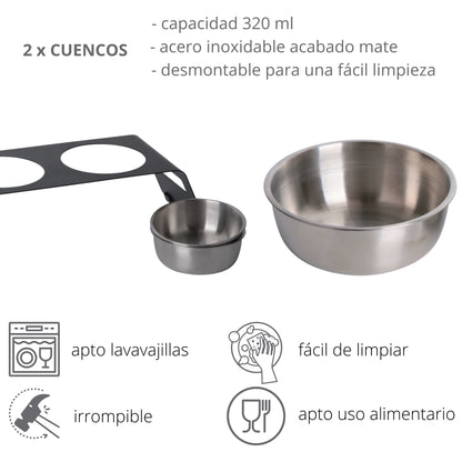 PETLINUS comedero para gatos criado doble gato, perros pequeños, elevado Comedero para perros a base de metal y dos cuencos de acero inoxidable, Capacidad: 2x320 ml.