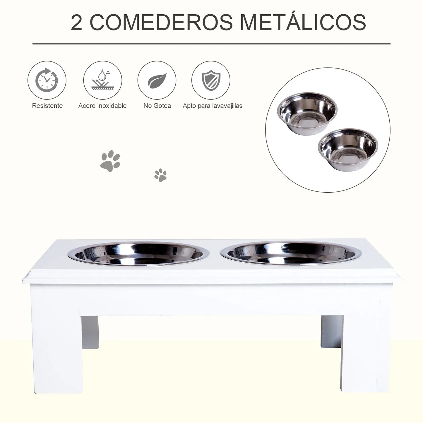 Comedero Elevado para Perros PawHut con Soporte y 2 Cuencos Extraíbles Acero Inoxidable 44x24x15 cm Blanco