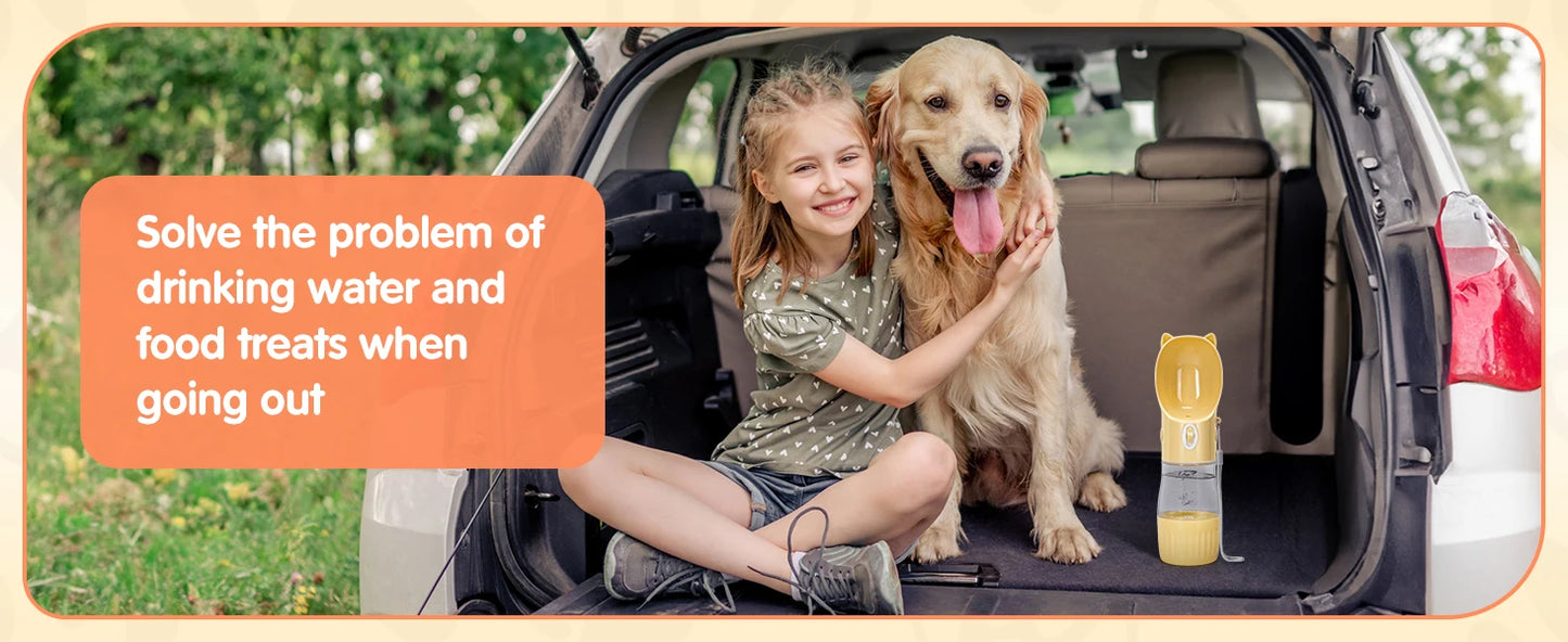 Botella de agua PET de 250 ml, bebedero portátil para perros con recipiente para comida de 180 g. Logrado