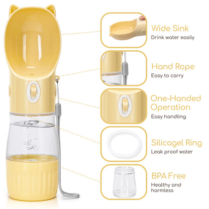 Botella de agua PET de 250 ml, bebedero portátil para perros con recipiente para comida de 180 g. Logrado