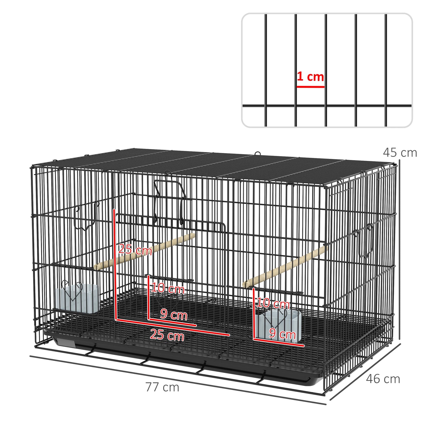 PawHut Birdcage metal bird cage with removable tray 2 hangers 2 feeders for Black Canary parakeets