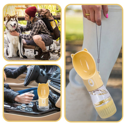 Botella de agua PET de 250 ml, bebedero portátil para perros con recipiente para comida de 180 g. Logrado