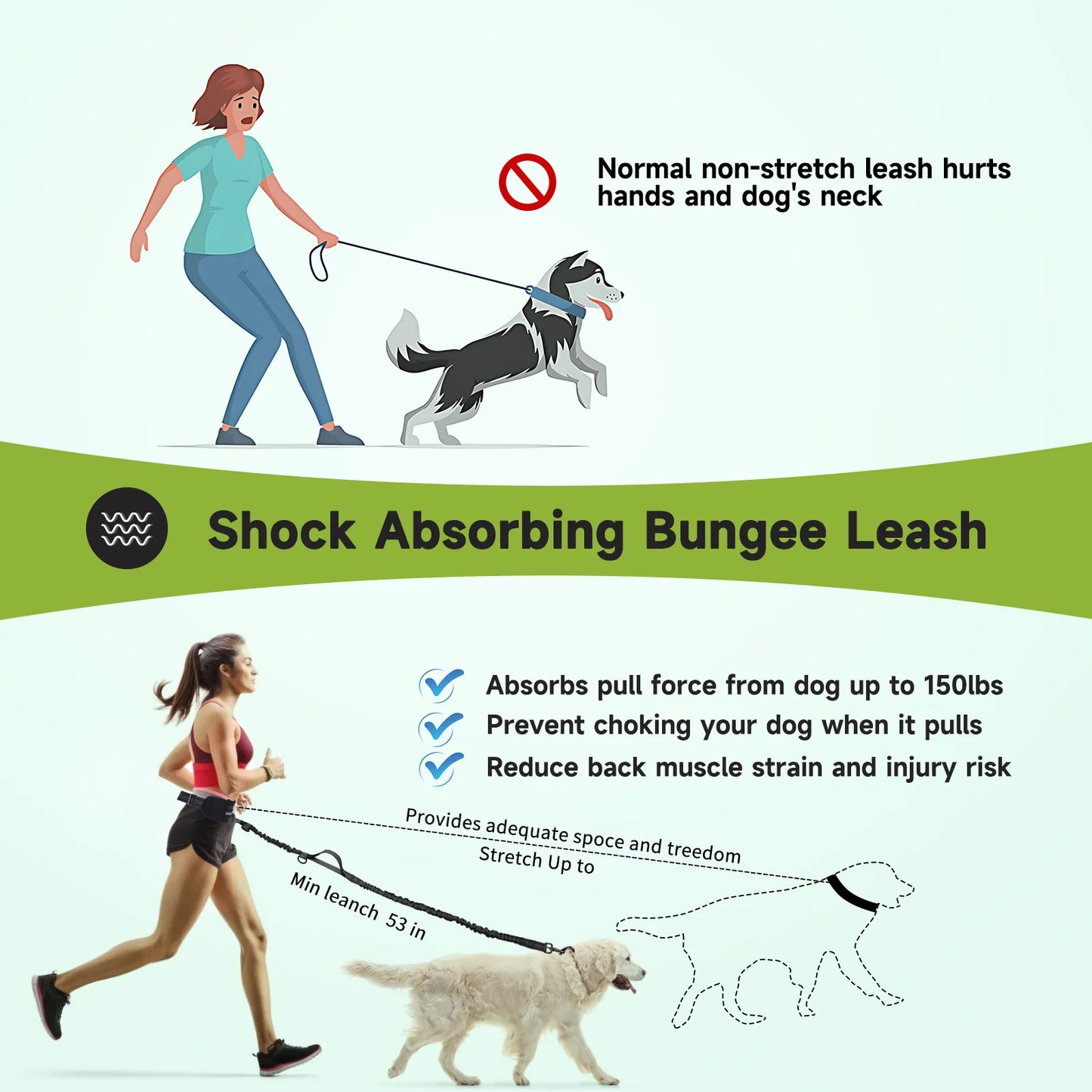 Correa elástica de bolsillo para perros, manos libres, correa retráctil con doble cuerda elástica.