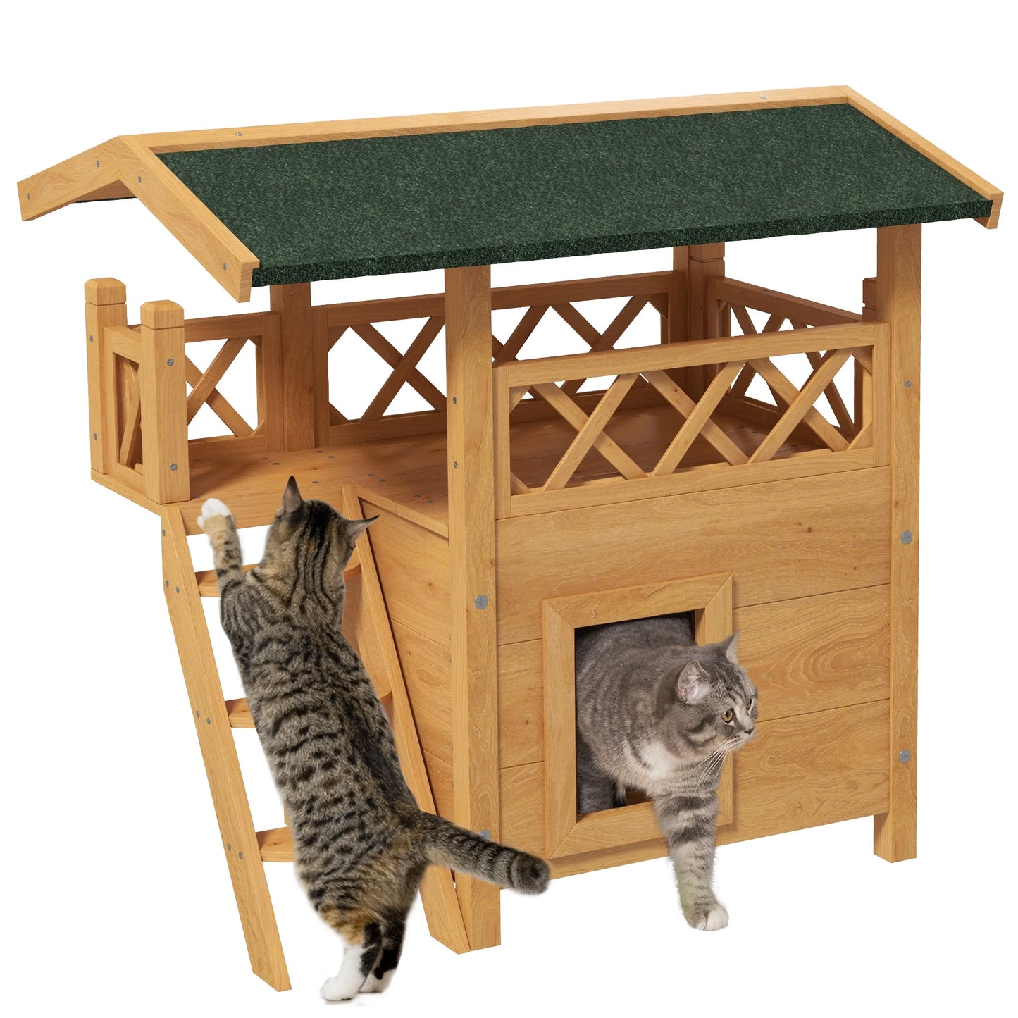 Casa para gatos de madera PawHut 77x50x73 cm con techo de asfalto Escalera natural