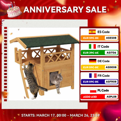 Casa para gatos de madera PawHut 77x50x73 cm con techo de asfalto Escalera natural