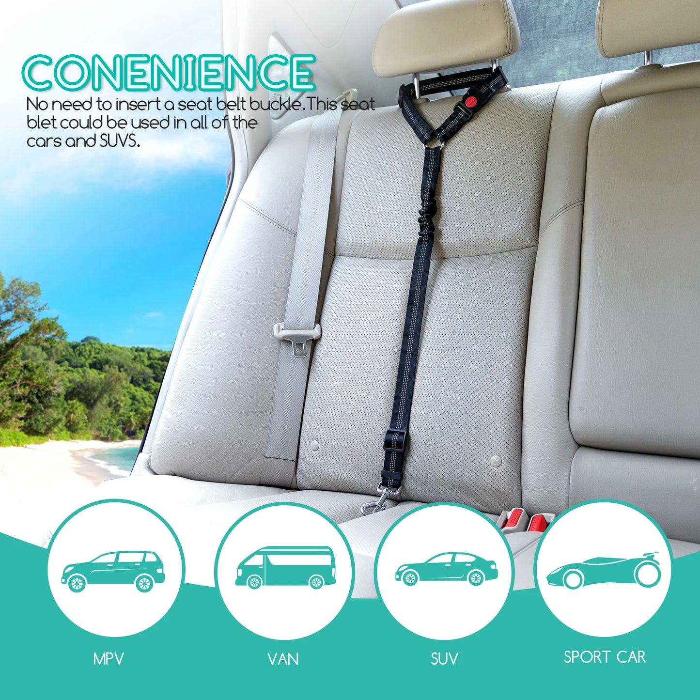 Cinturón de seguridad para coche para perros (2 unidades), arnés para perros con elástico reflectante.