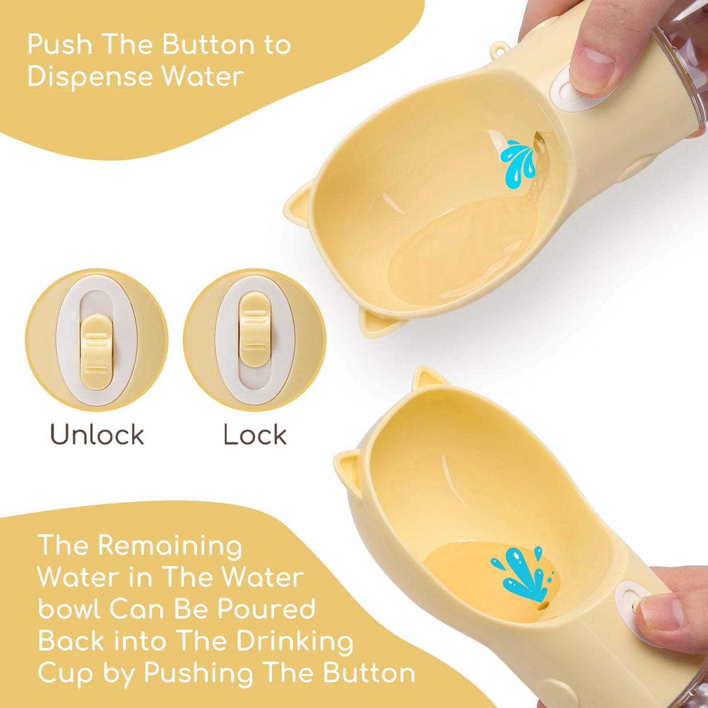 Botella de agua PET de 250 ml, bebedero portátil para perros con recipiente para comida de 180 g. Logrado