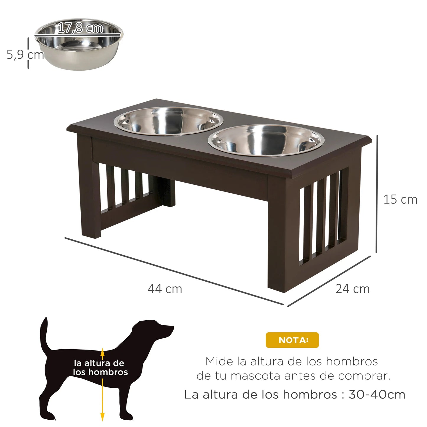PawHut Raised Stainless Steel Dog Feeder 44x24x15 cm Brown