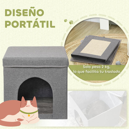 Casa para gatos PawHut con rascador y puerta 36,5x36,5x36,5 cm Gris