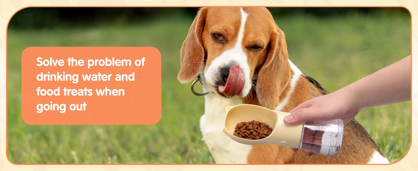 Botella de agua PET de 250 ml, bebedero portátil para perros con recipiente para comida de 180 g. Logrado