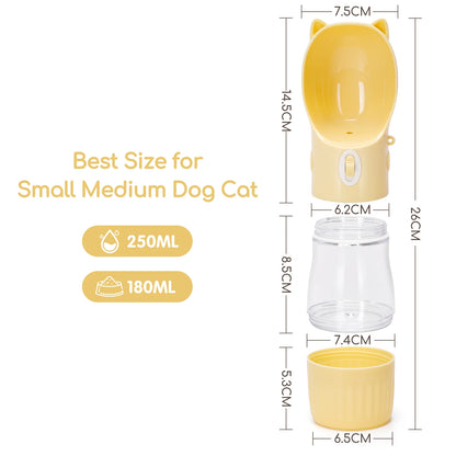 Botella de agua PET de 250 ml, bebedero portátil para perros con recipiente para comida de 180 g. Logrado