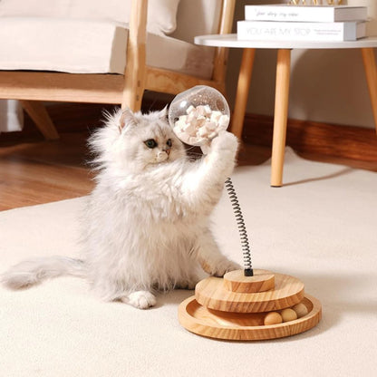 Juguete interactivo y atractivo para gatos con forma de bola con golosinas que gotea: divertido y estimulante, con pista de resorte de madera para mascotas, ideal para el desarrollo mental.