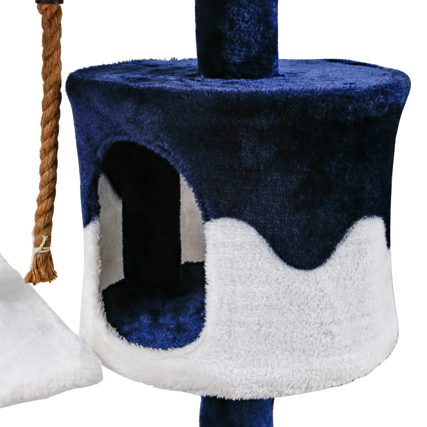 Rascador para gatos. Medidas: 60 x 56,5 x 111,5 cm. Color: blanco y azul.