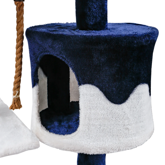 Rascador para gatos. Medidas: 60 x 56,5 x 111,5 cm. Color: blanco y azul.