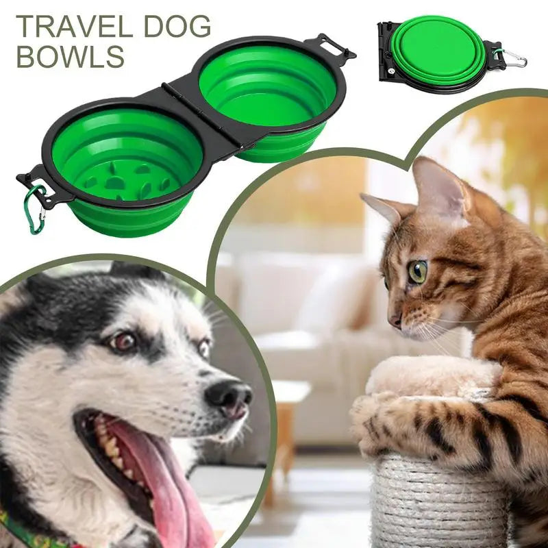 Comedero plegable para perros, comedero doble plegable para perros, comedero lento para mascotas con clips de bloqueo para caminar.